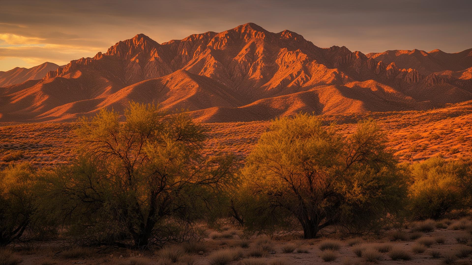 Franklin Mountains at sunset with desert trees in El Paso, Texas